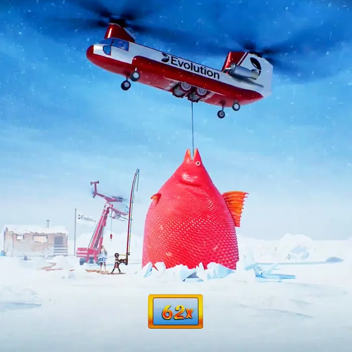 Virtual ice fishing game interface with temperature and weather controls